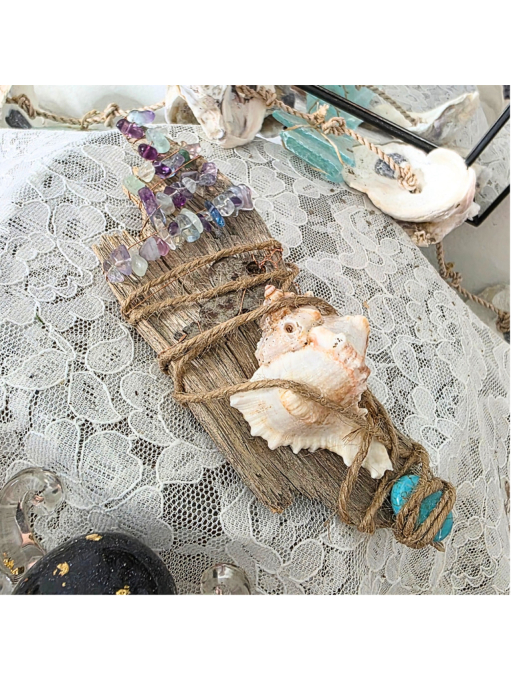 Driftwood Wand, Copper Wrapped Rainbow Fluorite, Antique Key, Sea Witch Altar De